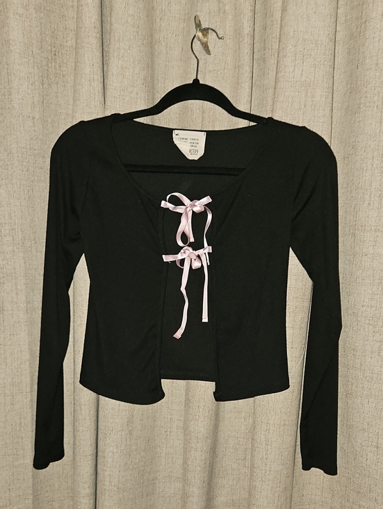 Tops - Black Women's Long Sleeve Cardigan with Pink Ribbon Bow Ties